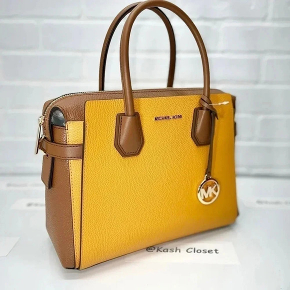 Michael Kors Mercer MD Two-Tone Pebbled Leather Belted Satchel - Honeycomb Multi - Picture 3 of 12